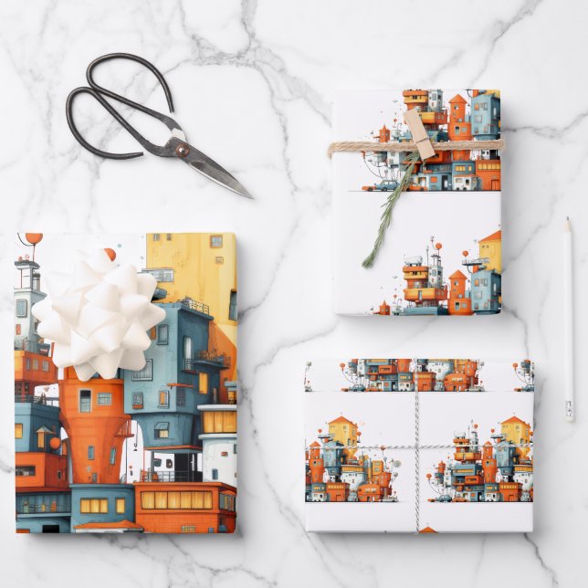 Cartoon City Wrapping Paper – Colorful Animated  (Front)