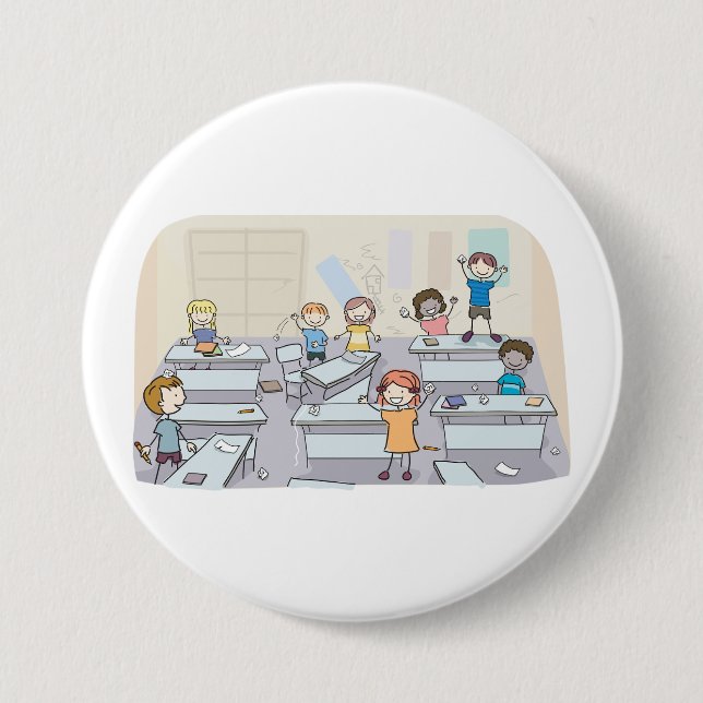 Cartoon Classroom Chaos With Wild Students Button (Front)