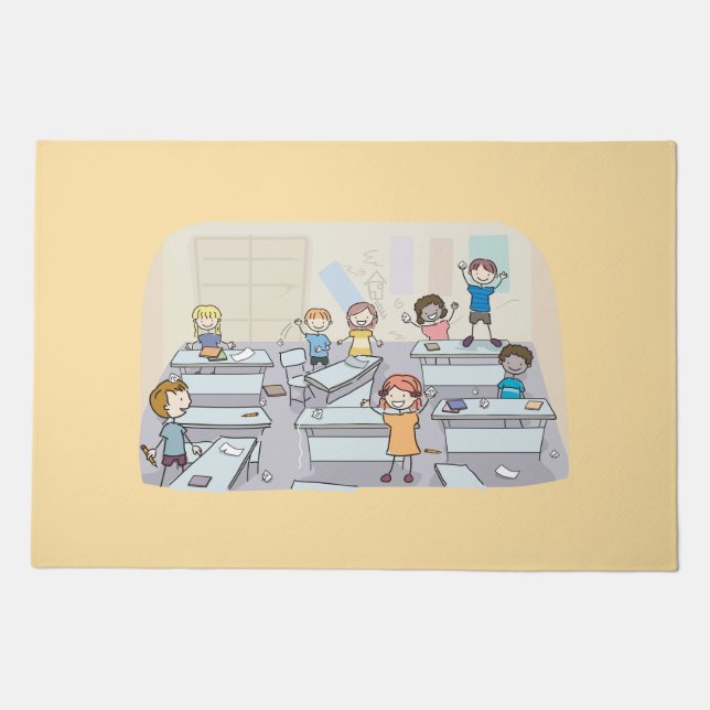 Cartoon Classroom Chaos With Wild Students Doormat (Front)