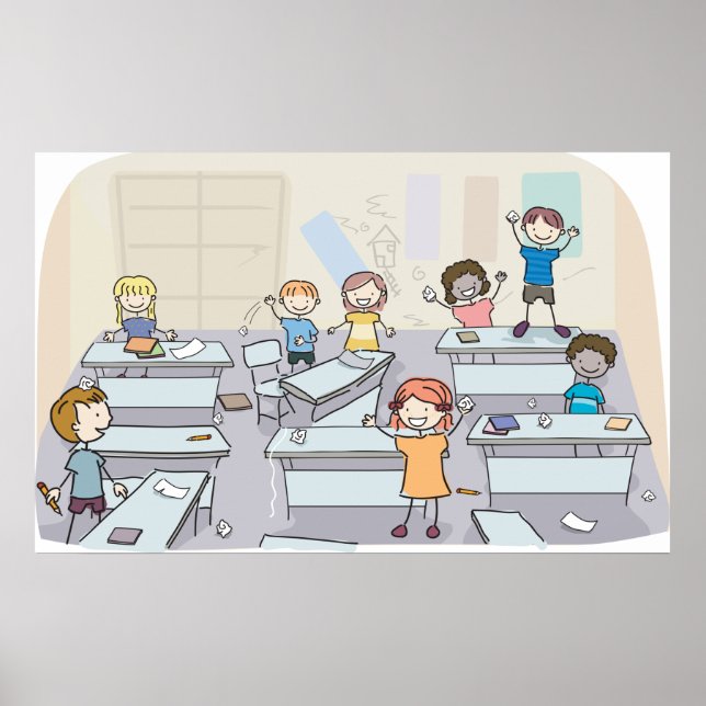Cartoon Classroom Chaos With Wild Students Poster (Front)