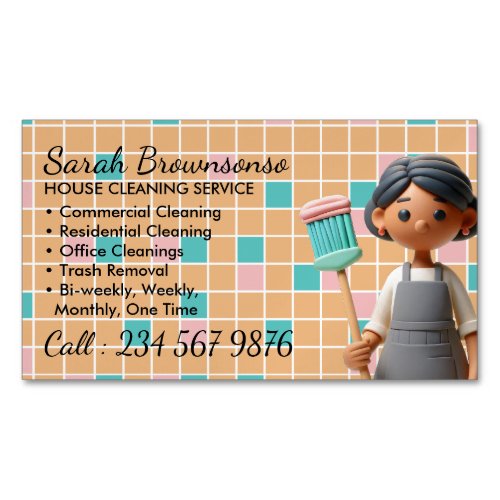 Cartoon Cleaning Janitorial Lady Tile Business Card Magnet