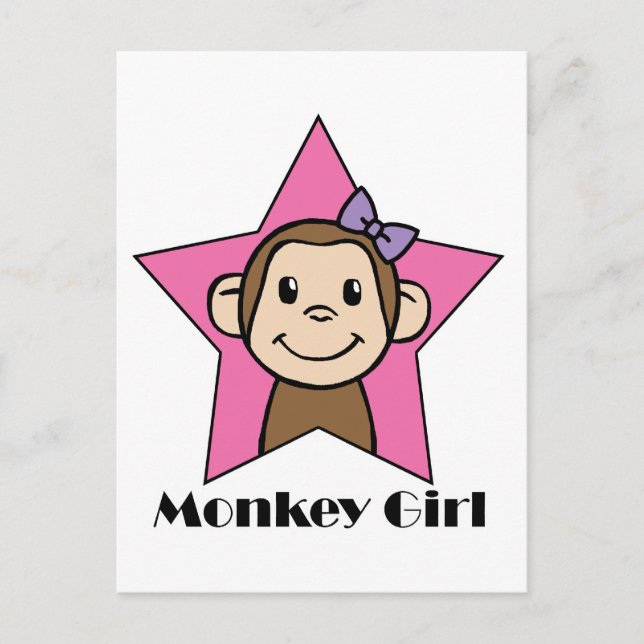 Cartoon Clip Art Smile Monkey Girl Pink Star Bow Postcard (Front)
