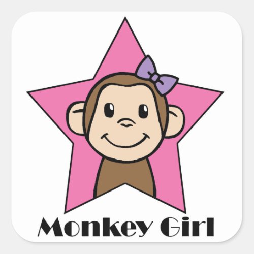 Cartoon Clip Art Smile Monkey Girl Pink Star Bow Square Sticker