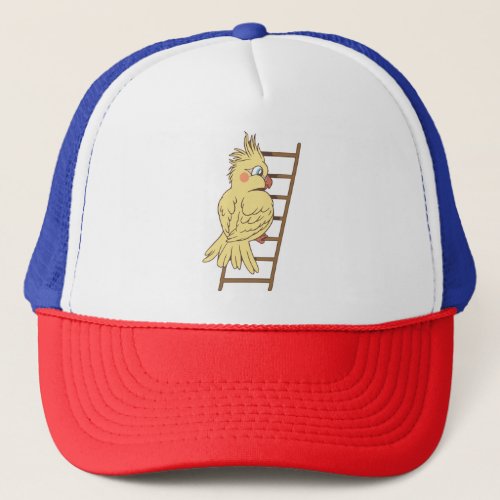 Cartoon cockatiel climbing design trucker hat