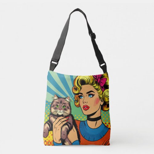 Cartoon Comic Pop Art Women and Cat   Crossbody Bag