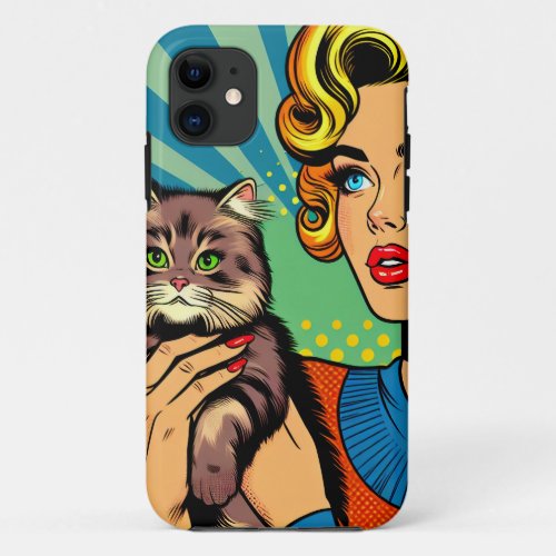 Cartoon Comic Pop Art Women and Cat Personalized iPhone 11 Case