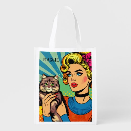 Cartoon Comic Pop Art Women and Cat  Personalized Grocery Bag