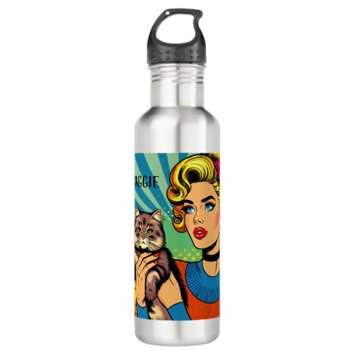 Cartoon Comic Pop Art Women and Cat  Personalized Stainless Steel Water Bottle