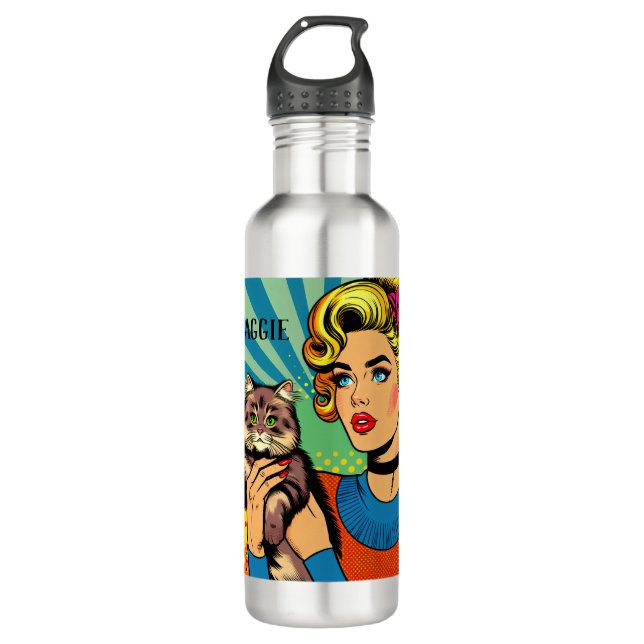 Cartoon Comic Pop Art Women and Cat  Personalized Stainless Steel Water Bottle (Front)