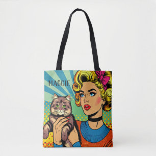 Cartoon Comic Pop Art Women and Cat Personalized Tote Bag