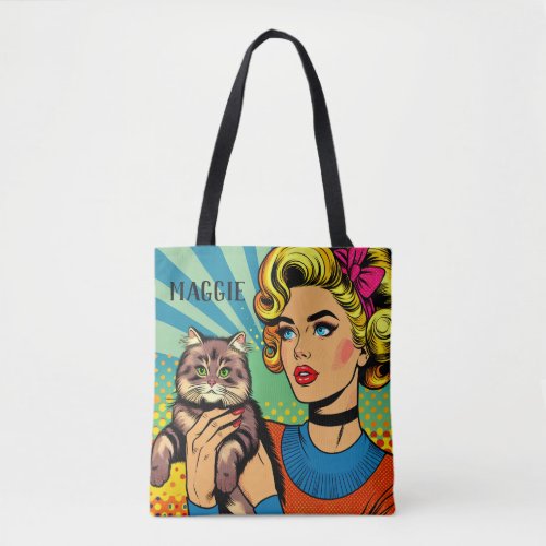 Cartoon Comic Pop Art Women and Cat  Personalized Tote Bag
