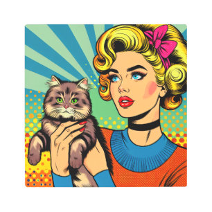 Cartoon Comic Pop Art Women Holding Cat