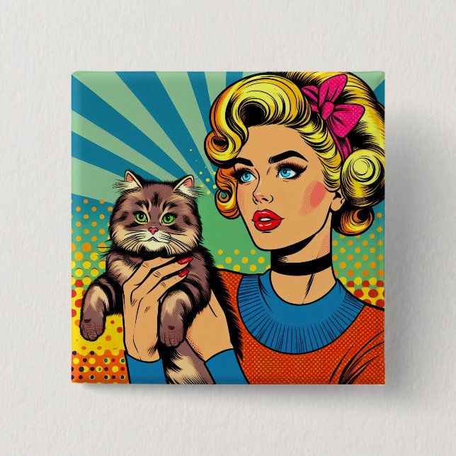Cartoon Comic Pop Art Women Holding Cat Button (Front)