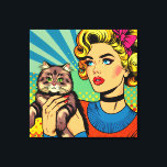 Cartoon Comic Pop Art Women Holding Cat Canvas Print<br><div class="desc">Retro pop art comic style art done with a midcentury vibe woman holding a cute cat. Bright,  colorful ai art.</div>