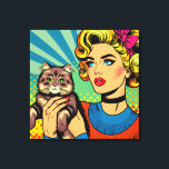 Cartoon Comic Pop Art Women Holding Cat Canvas Print<br><div class="desc">Retro pop art comic style art done with a midcentury vibe woman holding a cute cat. Bright, colorful ai art.</div>