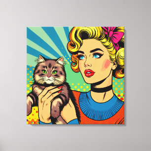 Cartoon Comic Pop Art Women Holding Cat Canvas Print