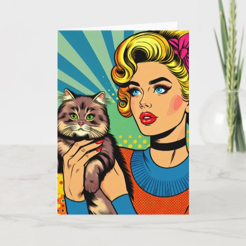 Cartoon Comic Pop Art Women Holding Cat Card