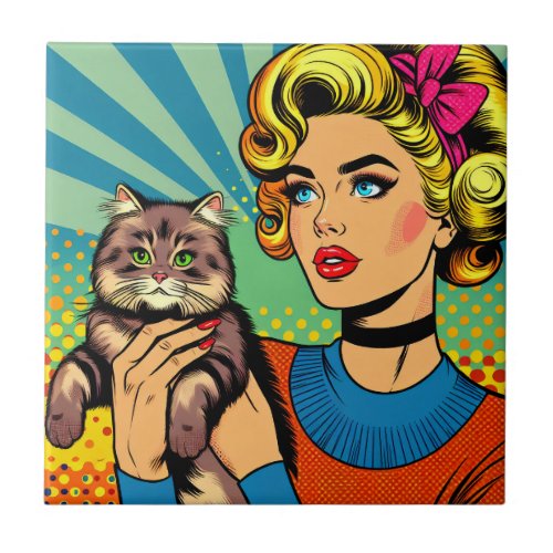 Cartoon Comic Pop Art Women Holding Cat Ceramic Tile