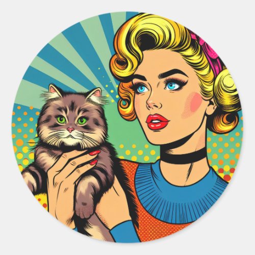 Cartoon Comic Pop Art Women Holding Cat Classic Round Sticker