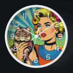 Cartoon Comic Pop Art Women Holding Cat Clock<br><div class="desc">Retro pop art comic style art done with a midcentury vibe woman holding a cute cat. Bright,  colorful ai art.</div>