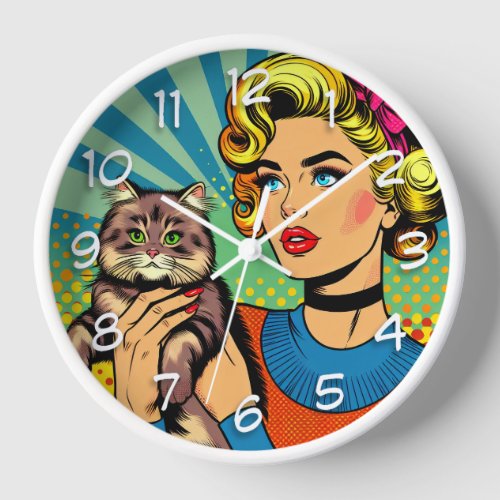 Cartoon Comic Pop Art Women Holding Cat Clock