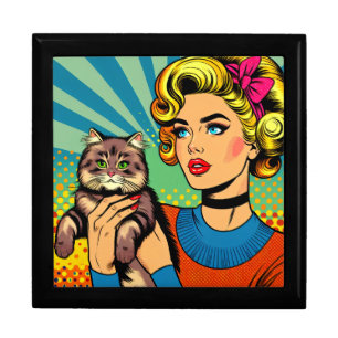 Cartoon Comic Pop Art Women Holding Cat Gift Box