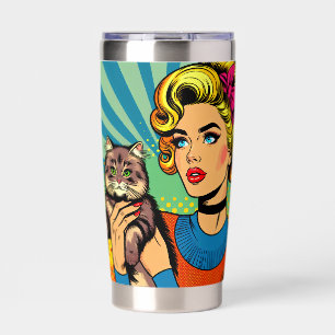 Cartoon Comic Pop Art Women Holding Cat Insulated Tumbler