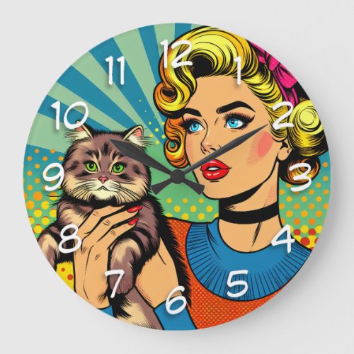 Cartoon Comic Pop Art Women Holding Cat Large Clock