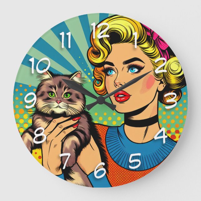 Cartoon Comic Pop Art Women Holding Cat Large Clock (Front)