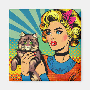 Cartoon Comic Pop Art Women Holding Cat Magnet