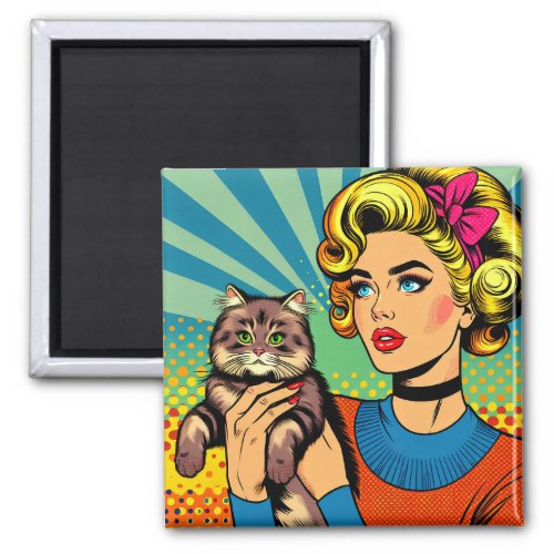 Cartoon Comic Pop Art Women Holding Cat Magnet