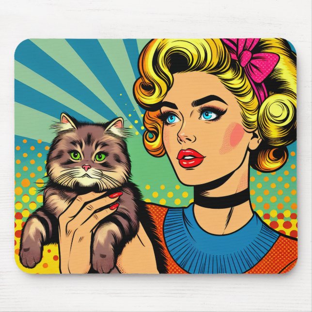Cartoon Comic Pop Art Women Holding Cat Mouse Pad (Front)