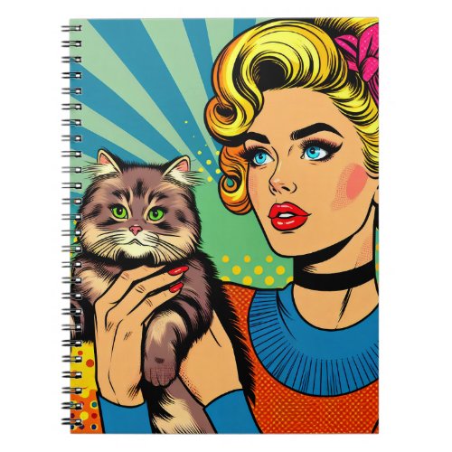 Cartoon Comic Pop Art Women Holding Cat Notebook