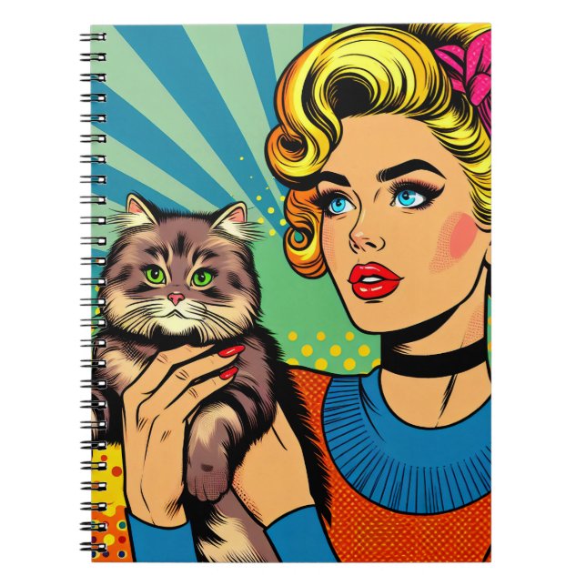 Cartoon Comic Pop Art Women Holding Cat Notebook (Front)