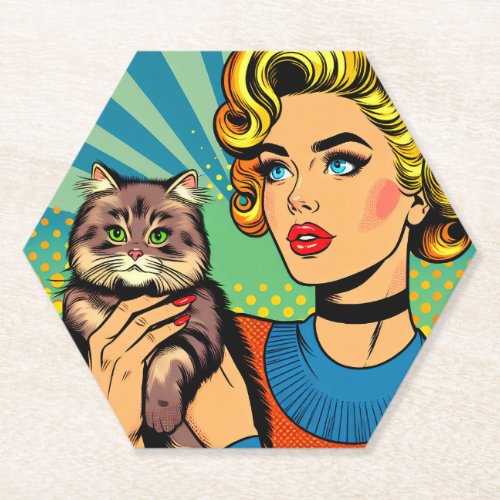 Cartoon Comic Pop Art Women Holding Cat Paper Coaster