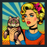 Cartoon Comic Pop Art Women Holding Cat Poster<br><div class="desc">Retro pop art comic style art done with a midcentury vibe woman holding a cute cat. Bright,  colorful ai art.</div>