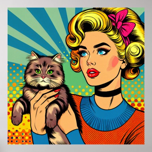 Cartoon Comic Pop Art Women Holding Cat Poster