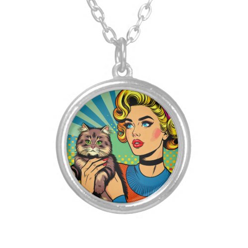 Cartoon Comic Pop Art Women Holding Cat Silver Plated Necklace