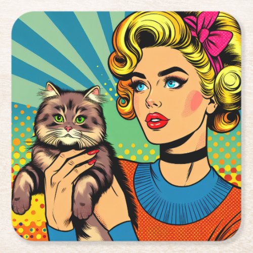Cartoon Comic Pop Art Women Holding Cat Square Paper Coaster