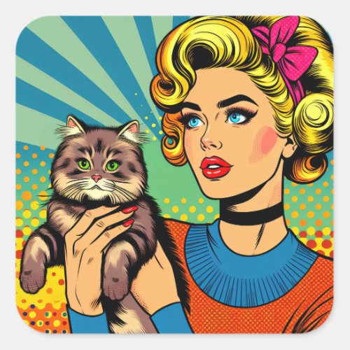 Cartoon Comic Pop Art Women Holding Cat Square Sticker