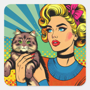 Cartoon Comic Pop Art Women Holding Cat Square Sticker