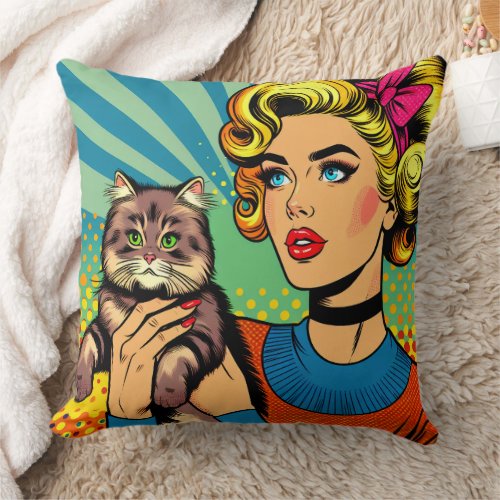 Cartoon Comic Pop Art Women Holding Cat Throw Pillow