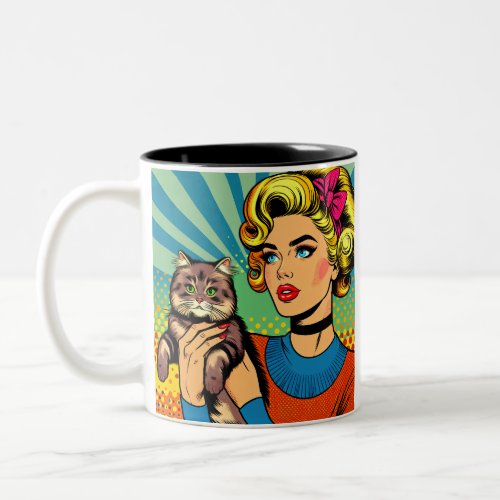 Cartoon Comic Pop Art Women Holding Cat Two_Tone Coffee Mug