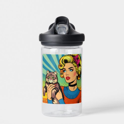 Cartoon Comic Pop Art Women Holding Cat Water Bottle
