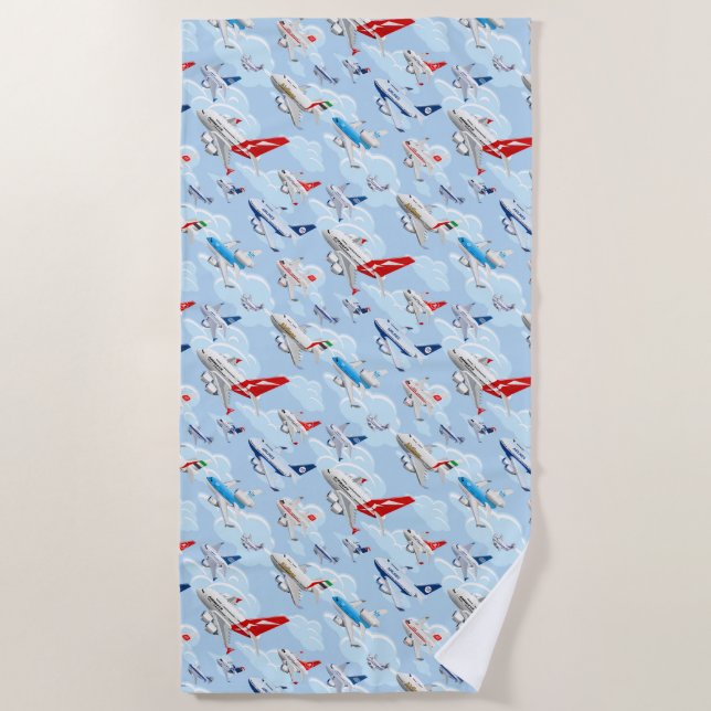 Cartoon commercial airplanes seamless pattern fabr beach towel (Front)