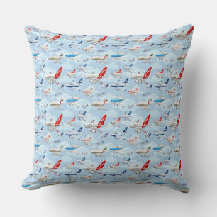 Cartoon commercial airplanes seamless pattern fabr throw pillow