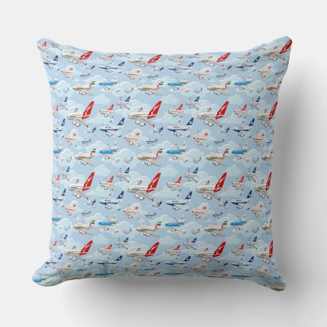 Cartoon commercial airplanes seamless pattern fabr throw pillow (Front)