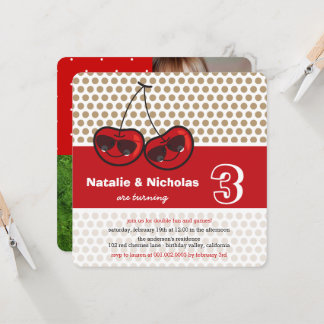 Cartoon Cool Party Cherries Twins Birthday Photo Invitation