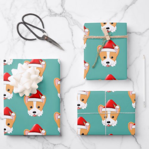 Cartoon Corgi Christmas Santa Hat Wrapping Paper Sheets