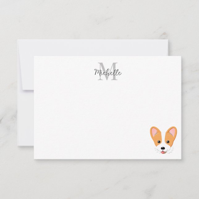 Cartoon Corgi Personalized Monogram Note Card (Front)